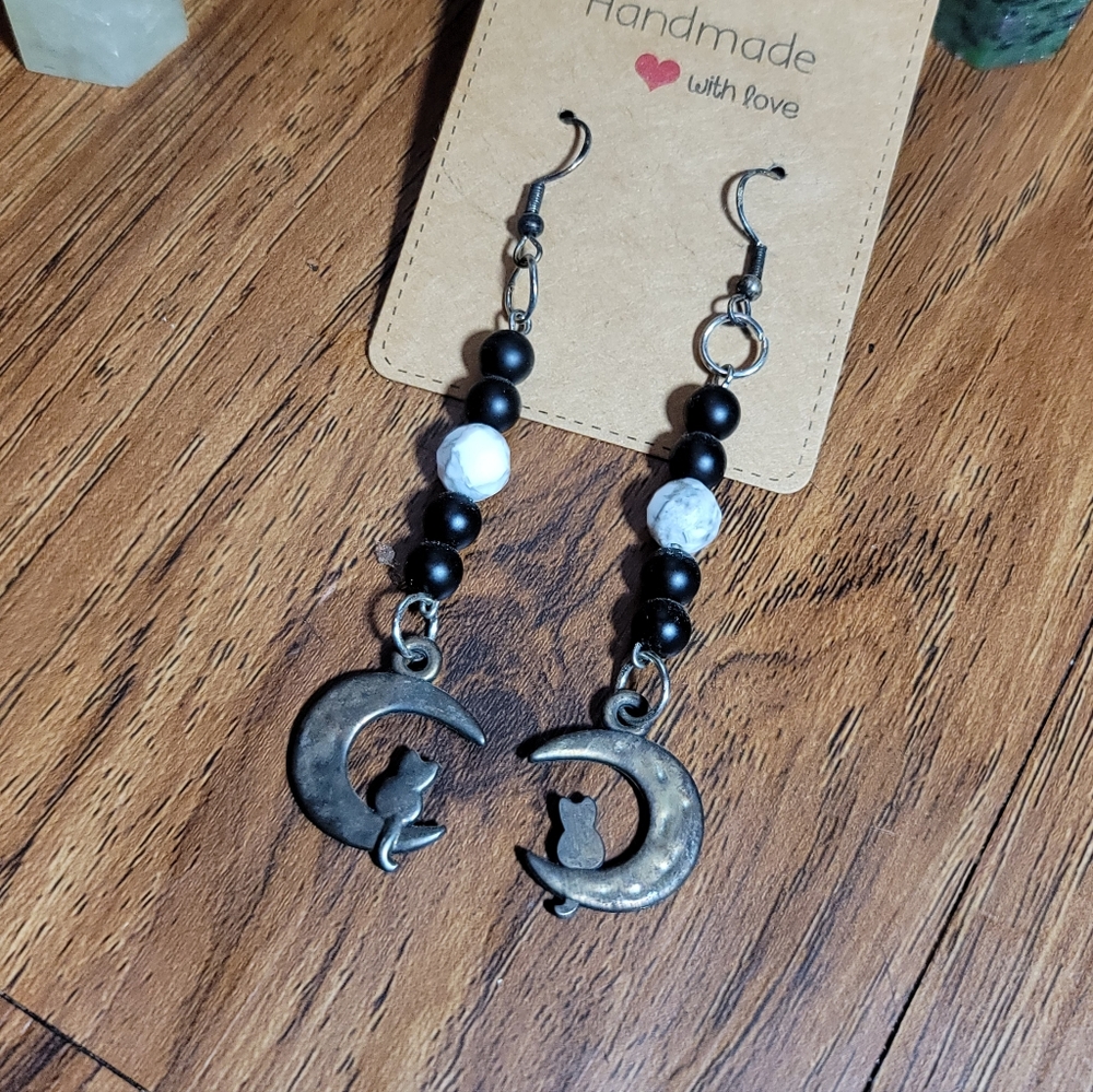 🔥3 For $25 Handmade Black and Silver Moon Cat Earrings